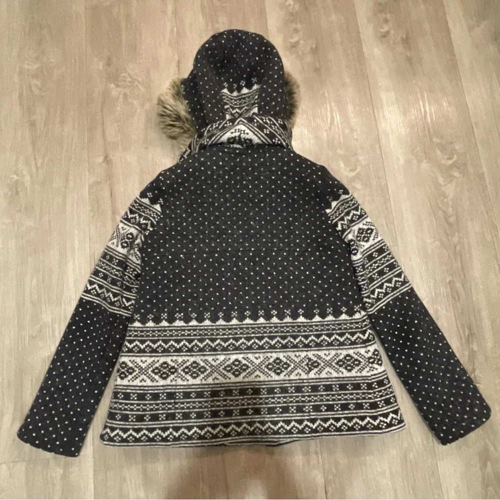 Smythe Fair Isle Fur Trim Hooded Duffle Coat in Dark Grey & Cream - Picture 6 of 11